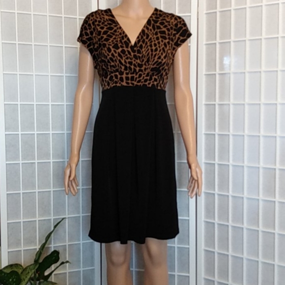 Enfocus Studio Animal Print Dress Black & Brown V-Neck Criss Cross Midi Size 8 - Picture 1 of 8